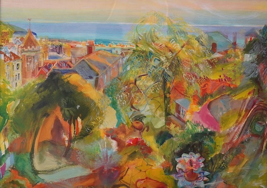 Modern British, oil and mixed media on paper, Coastal town, unsigned, 49 x 68cm. Condition - good